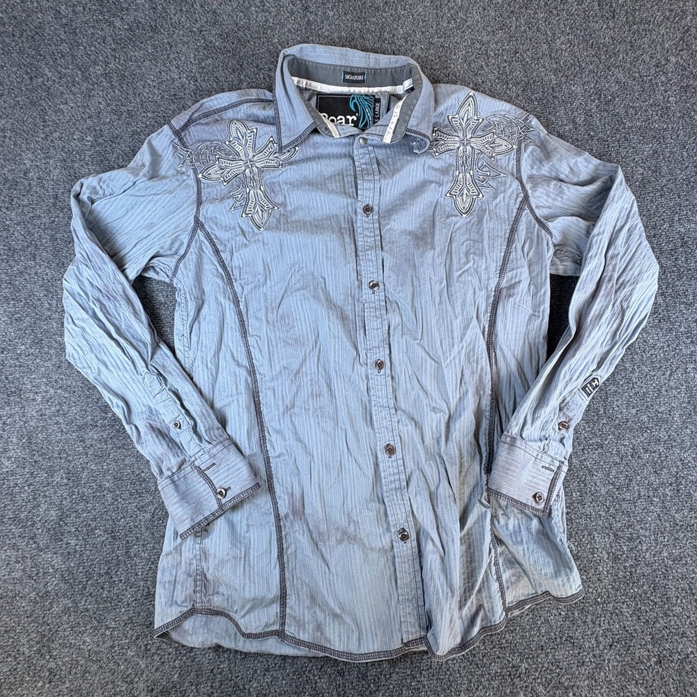 Roar Signature Western Shirt Mens XL Blue Embroidered Cross Cotton Button Up